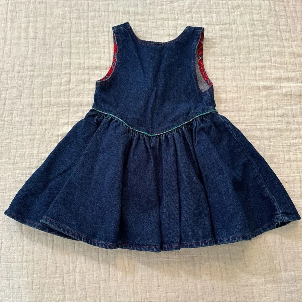 VTG Oshkosh Girls 4 Denim Jumper Overall Dress Blue Red Plaid Christmas USA